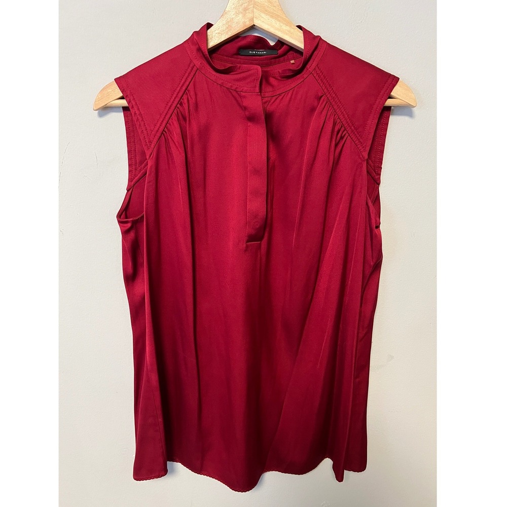Elie Tahari Blouse Womens Medium Red Pre-owned Silk Mock Neck Sleeveless Blouse